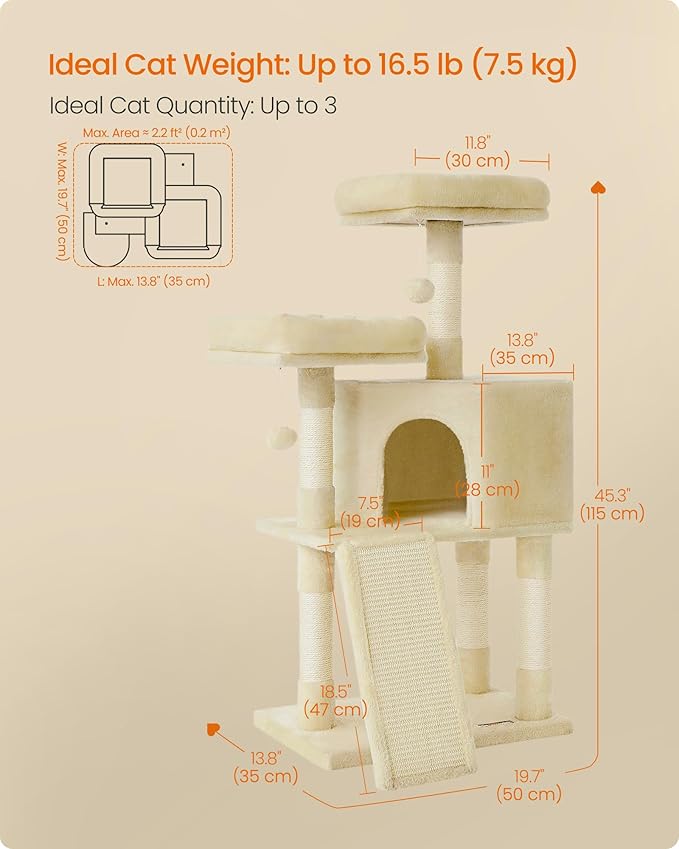 Feandrea Cat Tree, 45.3-Inch Cat Tower, Plush Condo with Scratching Post, Ramp, Perch, Spacious Cave, for Small Space, Beige UPCT141M01