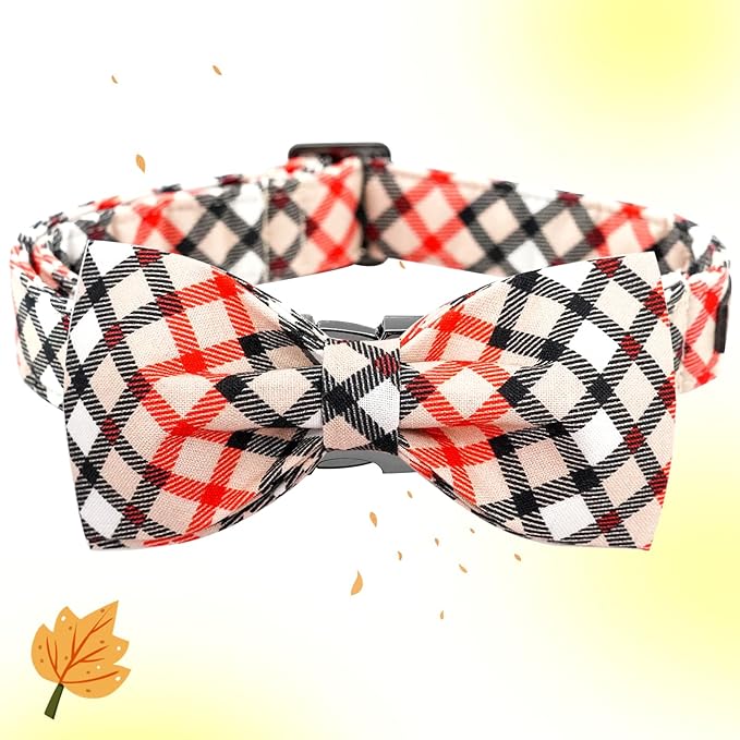 Dog Collar, Bow Dog Collar Beige Plaid Pet Collar Cute Pet Bow Soft Girl or Boy Puppy Collars with Metal Buckle Adjustable Collars for X-Small Dogs