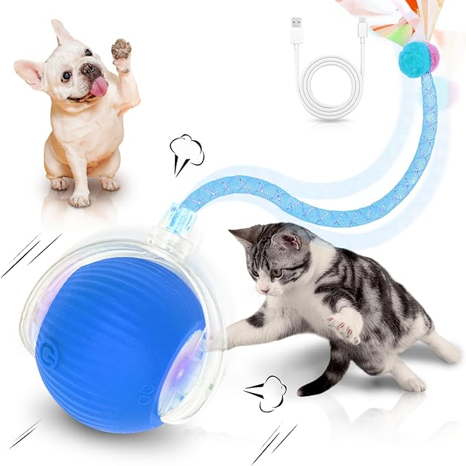 Interactive Cat Toys for Indoor Cats Smart Automatic Ball Rolling for Bored Kitten Pet Upgraded Speedy Moving Chase Dogs Toy Blue Dragonfly