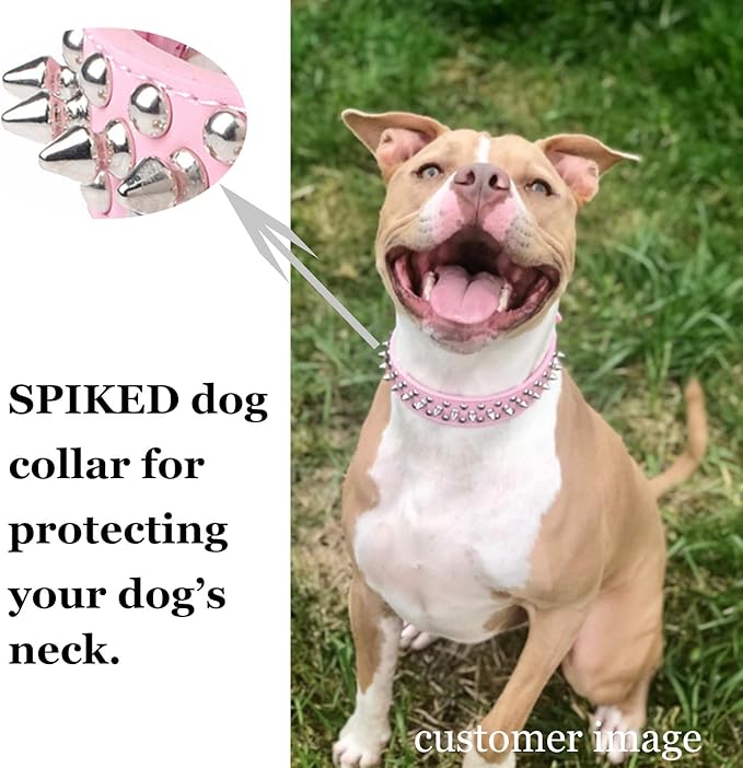 TEEMERRYCA Adjustable Leather Spiked Studded Dog Collars with a Squeak Ball Gift for Small Medium Large Pets Like Cats/Pit Bull/Bulldog/Pugs/Husky, Pink, XL 17.7-20.5 inches