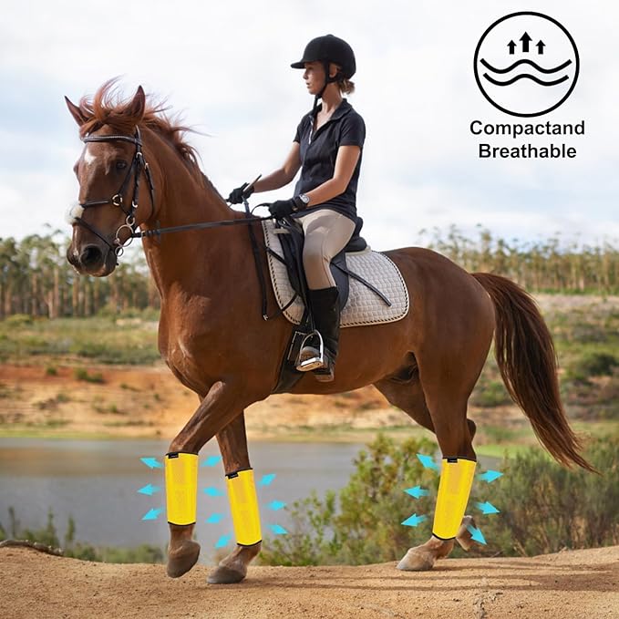 FOXLVDA Horse Fly Boots - Fly Boots for Horses Set of 4, Comfortable Horse Leggings, Mesh Material Design with Metal Support Bars for Reduces Stomping & Leg Fatigue (Yellow, Large)