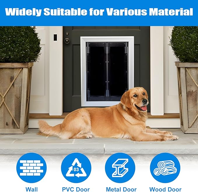 Aluminum Pet Door with Panels,Durable Dog Door with Automatic Closing Magnetic Flaps, Slide-in Panel & 4 Security Locks, Suitable for Interior and Exterior Doors, Screen and Wall, Large, Sliver