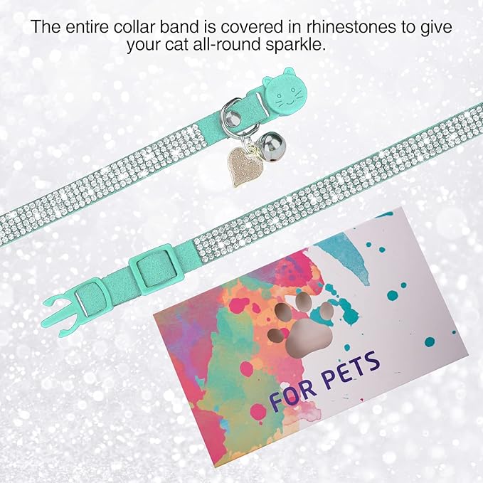 Rhinestone Cat Collar Breakaway with Bell, Diamond Cat Collar with Safety Buckle Quick Release for Girl Boy Small Kitten Pets Puppy,Cute Soft Female Male Cat Collars, Color Green 8-12"