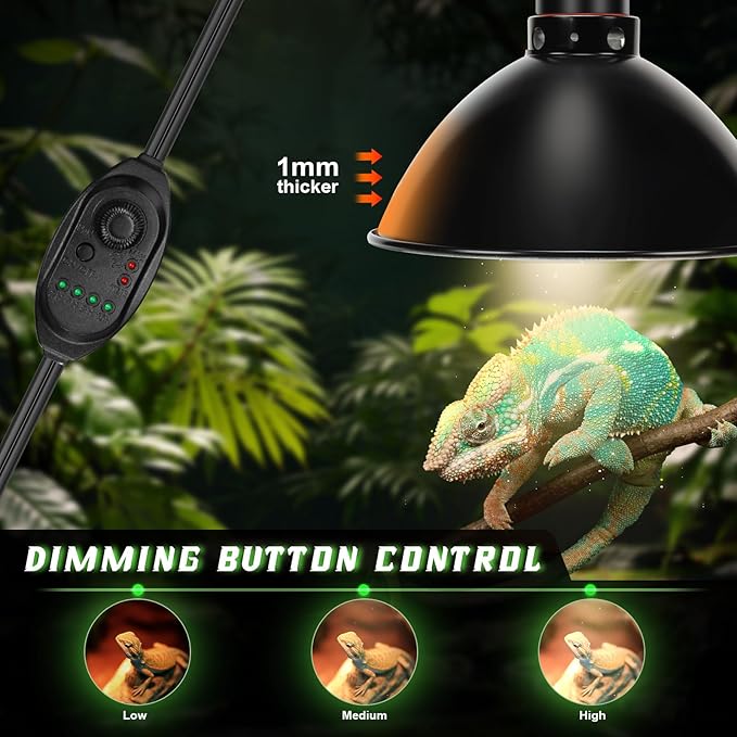 Reptile Light Fixture with Dimming Switch and Timer, 8.5 Inch Deep Dome Reptile Heat Lamp Fixture, Reptile Lamp Fixture Cap for UVB Bulb Basking Heat Bulb for Reptile Glass Terrariums, 2PCS