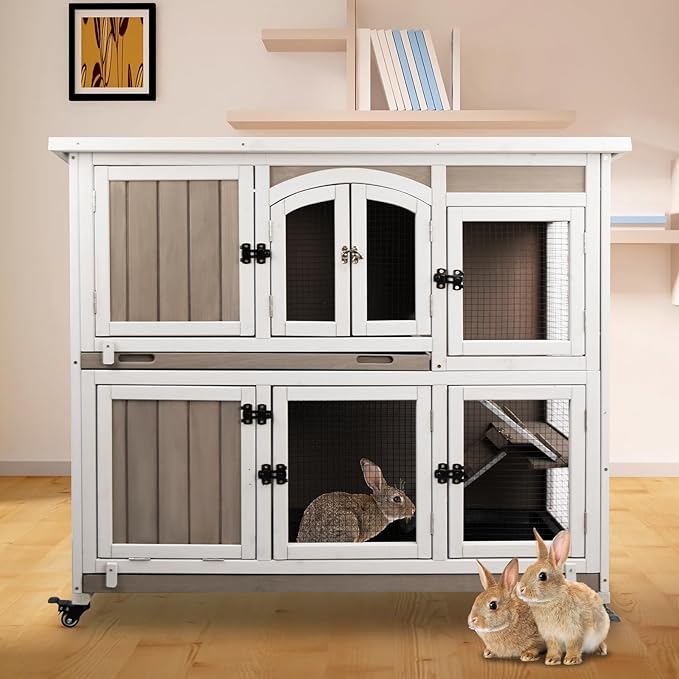 PetsCosset 42.7" L Rabbit Hutch Indoor Outdoor 2-Story Rabbit Cage with 4 Wheels,Guinea Pig Cage Bunny Hutch with 2 Pull Out Trays,Bunny Cage with Asphalt Roof for Small to Medium Animals