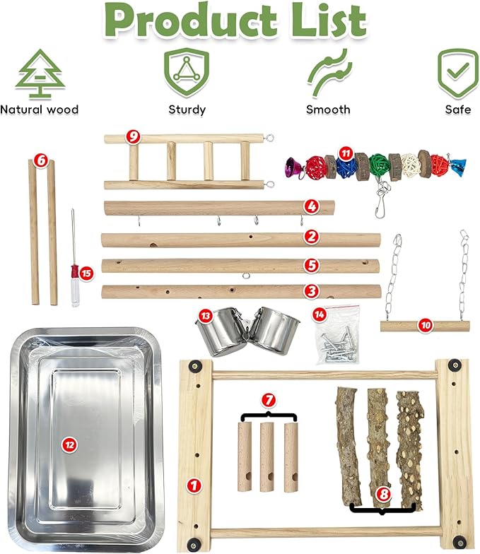 kathson Bird Playground Natural Wood Parrot Play Gym Playstand Wooden Parakeet Playpen with Feeder Cups Perches Removable Tray Bird Cage Accessories for Lovebirds Conure Cockatiel Budgie