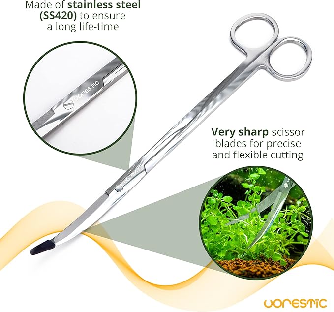 VORESTIC 2PCS 15" Curved Aquarium Tweezers Long and 9.8" Aquarium Scissors, Feeding Tongs and Scissors with Protective Cap, Stainless Steel Aquascaping Tools for Plant Trimming and Reptile Feeding