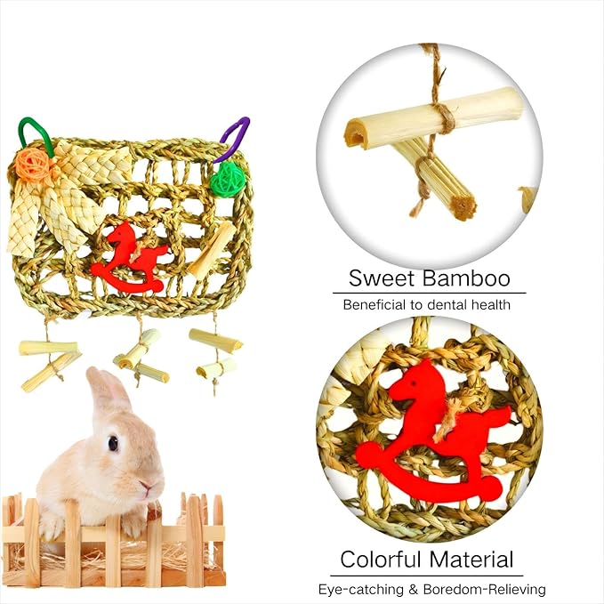 Rabbits Chew Toy,Bunny Cage Hanging Chew Toys and Treats,Grass with Sweet Bamboo for Guinea Pigs Chinchillas Hamsters Rats