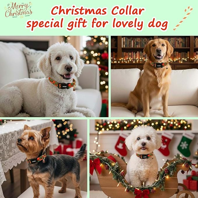 Extra Small Christmas Dog Collar,Adjustable Dog Christmas Collars, Red Green Plaid Puppy Collar, Cute Dog Collars Holiday Collar for Girl Boy Dogs-XS