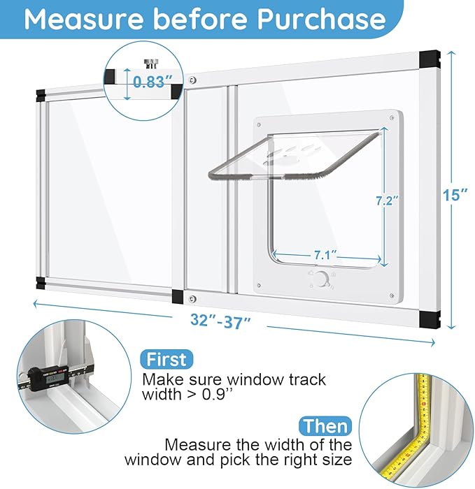 Sliding Cat Door for Window, Fits 32"-37" Width Window, 2-Min Install | Aluminum Frame + HD Glass | Weatherproof Design | Magnetic Closure Window Cat Door Insert, Adjustable Pet Door Window for Cats