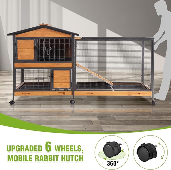 Gutinneen 2-Story Rabbit Hutch Indoor Bunny Cage Large Rabbit Cage Outdoor with Chew-Proof Full Metal Frame, Locking Wheels, 2 Pull-Out Trays for Rabbits, Guinea Pigs, Small Animals (Brown & Black)