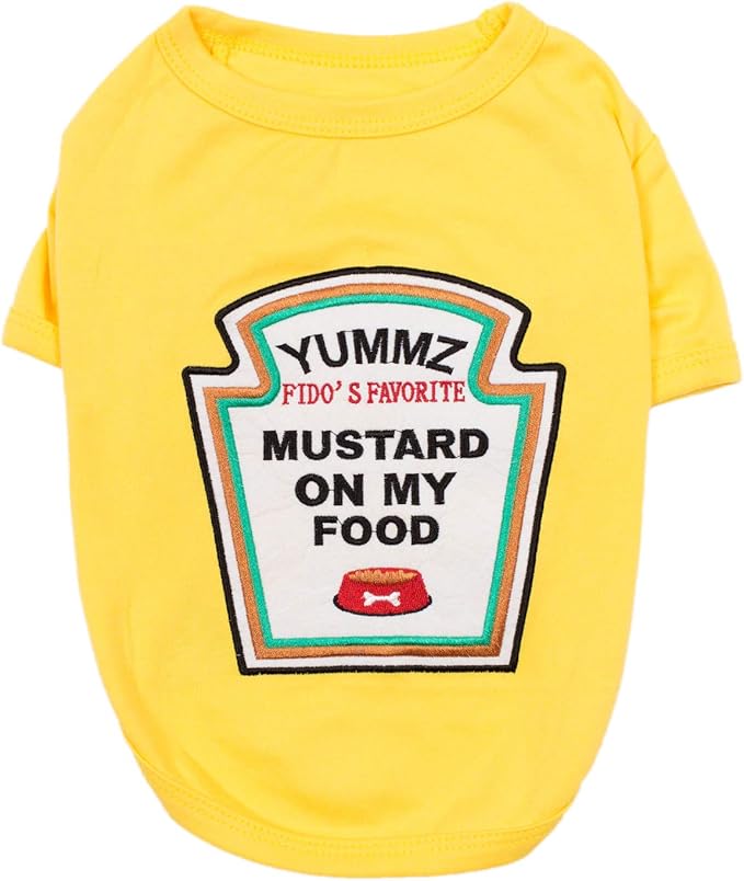 Parisian Pet Dog Shirt - Embroidered “Mustard on My Food“ - 100% Cotton and Polyester Dog Clothes - Sleeved, Lightweight Costume for Dogs - Yellow Dog Shirts for Large Dogs - Pet Costumes - 2XL