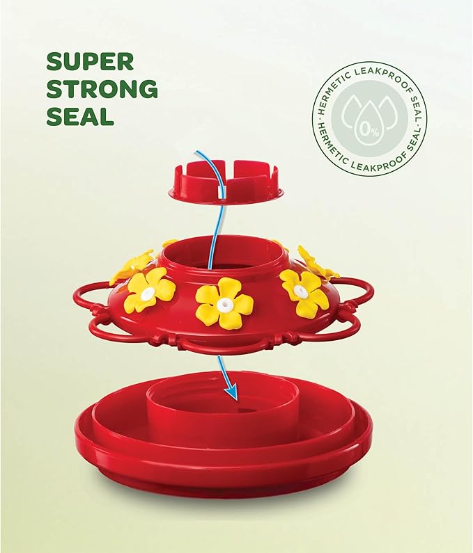 Hummingbird Feeder 10 oz [Set of 2] Glass Feeders for Outdoors, with Built-in Ant Guard - Circular Perch with 5 Feeding Ports - Wide Mouth for Easy Filling/2 Part Base for Easy Cleaning
