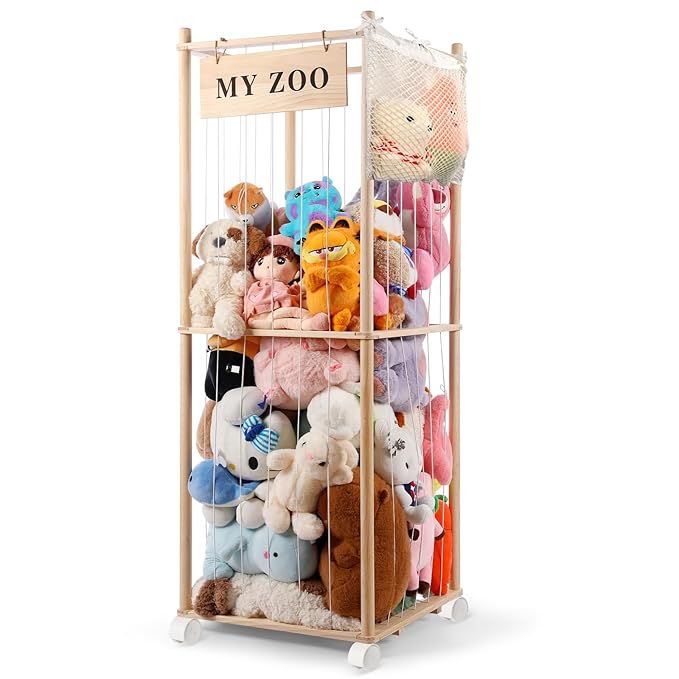 Stuffed Animal Storage Zoo with Wheels, Wooden Stuffed Animal Organizer with Elastic Cords, Space Saving Toy Plushies Storage Holder for Playroom, Bedroom, Living Room(Burlywood, Large)