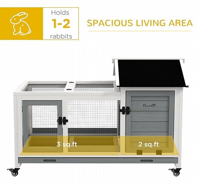 PawHut Wooden Rabbit Hutch with Wheels, Indoor Outdoor Large Bunny Hutch with Run & Slide-Out Tray for Small Animals, Rabbits, Chickens, Ducks, Guinea Pig, Gray