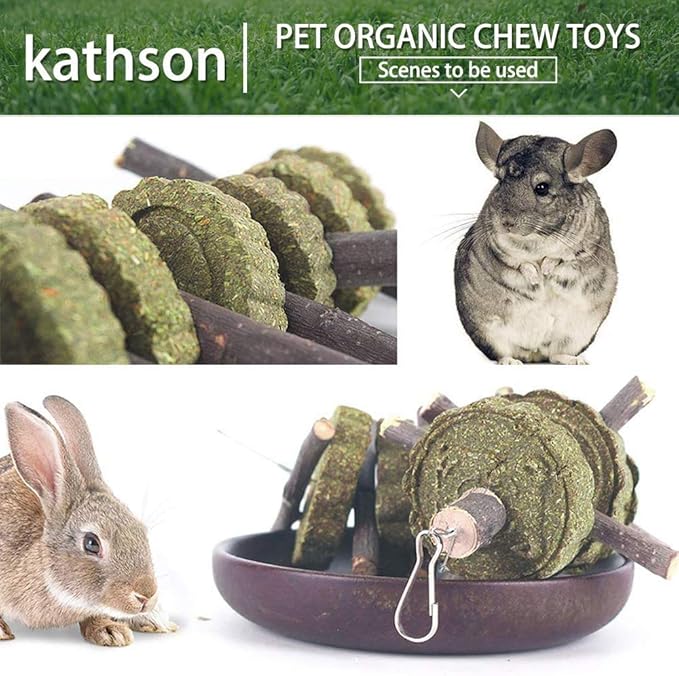 kathson 3 PCS Bunny Chew Toys for Teeth Grinding, Chinchilla Treats Organic Bamboo Sticks Natural Fruitwood Branches for Rabbits Guinea Pigs Hamsters (Fruitwood Sticks+Alfalfa Cakes)