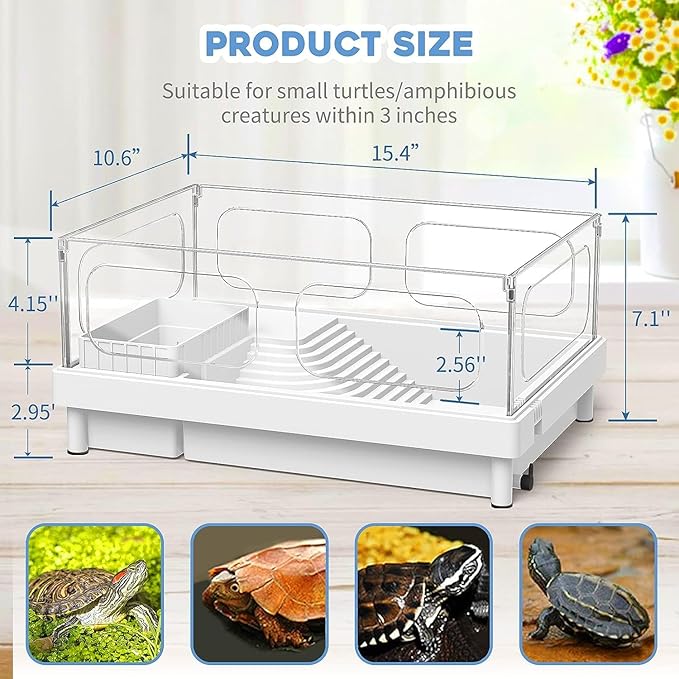 Small Turtle Tank Kit(Tank+Light+Filter), Acrylic Turtle Tank Starter Kit with Basking Platform, Bottom Drainage, Multi-Function Areas for Turtles, Crayfish, Small Reptiles.(White+Black)