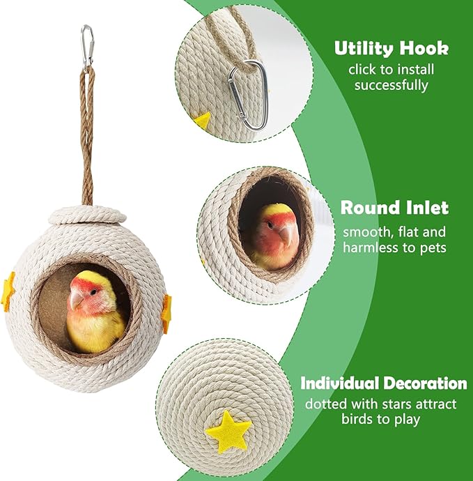 Tfwadmx Natural Coconut Fiber Hanging Birdhouse for Cage Coconut Hide with Loop Coconut Bird Shell Breeding Nest for Parrot Parakeet Lovebird Finch Canary, Pet Cage Habitats Decor,Small Animals House