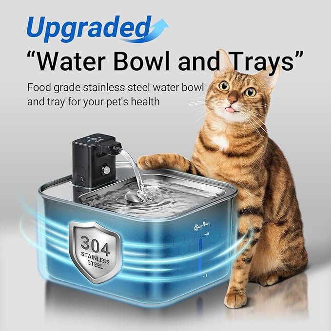 DownyPaws Cat Water Fountain Stainless Steel Wireless, 101 oz/3L FurSink Cordless Water Fountain for Cats, Battery Operated Cat Fountains for Drinking with Motion Sensor, Easy Clean, Black