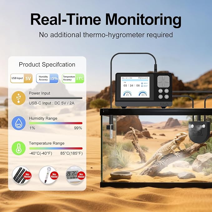J&A Automatic Fogger for Reptile Tank, Mister for Terrariums, Humidifer with Programable Timer, Temp-Hygrometer Sensor, Ideal for Amphibians/Reptiles/Paludarium/Vivarium (Black)