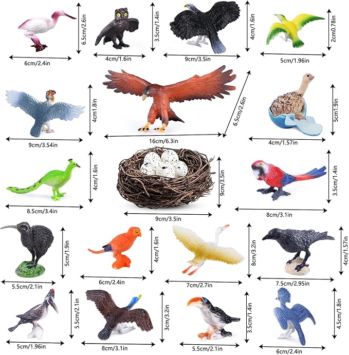 SIENON 23Pcs Birds Toys Playset, Assorted Wildlife Bird Figures with Nest, Raven, Kiwi, Ostrich, Macaw, Golden Eagle for Kids Educational Birthday Cake Décor Garden Accessories School Project