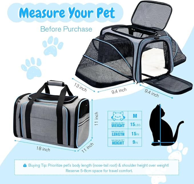 Double Expandable Cat Carrier,Airline Approved Soft-Sided Pet Travel Carrier for Small Dogs Cats under 15 lbs,Waterproof 600D Oxford Fabric with Washable Replacement Liner,Odor-Free & Claw-Proof(Blue)