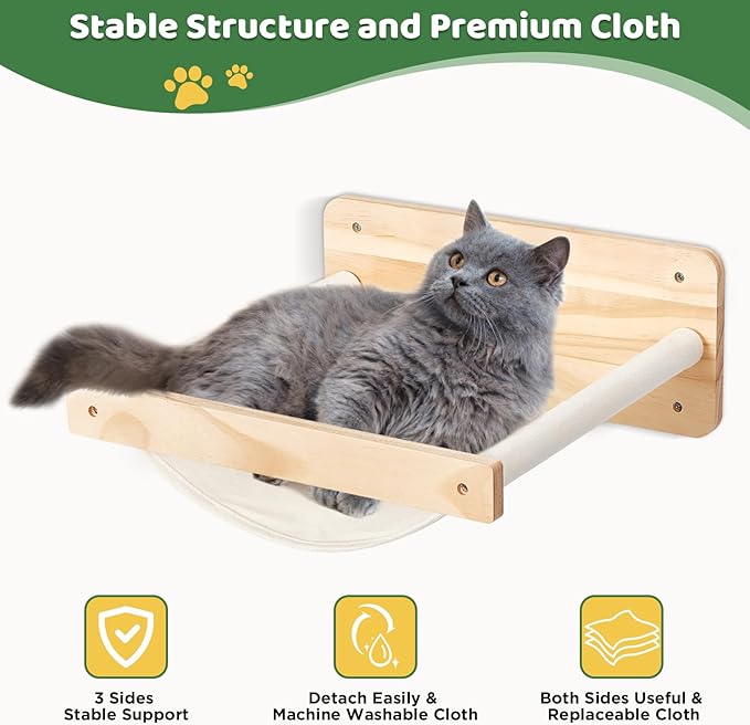 Cat Wall Shelves and Hammock Set, Cat Bridge Wall-Mounted with Climbing Steps and Sisal Roped Scratch Perch, Multi-Level Cats Walls Furniture Bed for Indoor Cats
