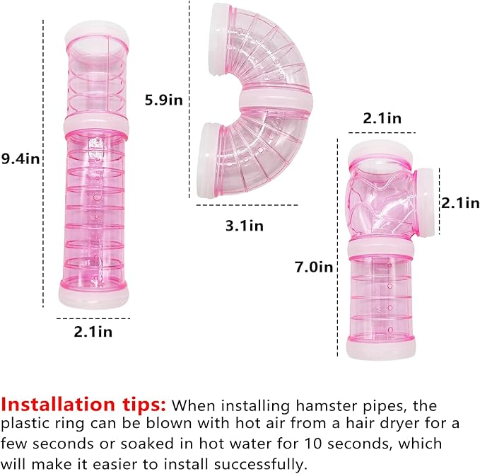 8PCS Hamster Tunnel Tube DIY Assorted Toy Transparent Adventure Pipe Playground Excercise Set for Mouse Syrian Hamster Gerbil (Pink)