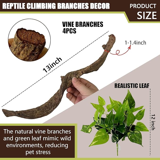 BNOSDM 4PCS Natural Reptile Climbing Branches Decor,0.8-1.2" Thick Snake Climbing Forest Wood with Plant Leaf Decor,Lizard Forest Branch,Geckos Tank Tree Trunk Accessories for Bearded Dragons