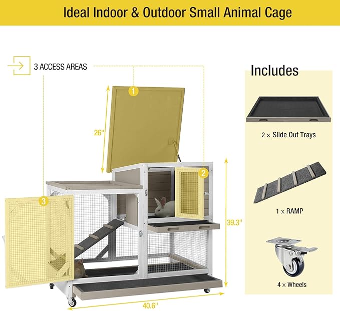 Aivituvin Upgrade Rabbit Hutch Rabbit Cage Indoor Bunny Hutch with Run Outdoor Rabbit House with Two Deeper No Leak Trays - 4 Casters Include (Mocca Color Without Bottom Wire Netting)