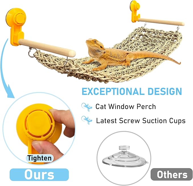 VCEPJH Bearded Dragon Hammock Large Reptile Window Perch Seagrass Climbing Tank Accessories Lizard Lounger Bed with Powerful Suction Cups Bearded Dragon Toys for Gecko Chameleon Basking (19.68 * 7.87)