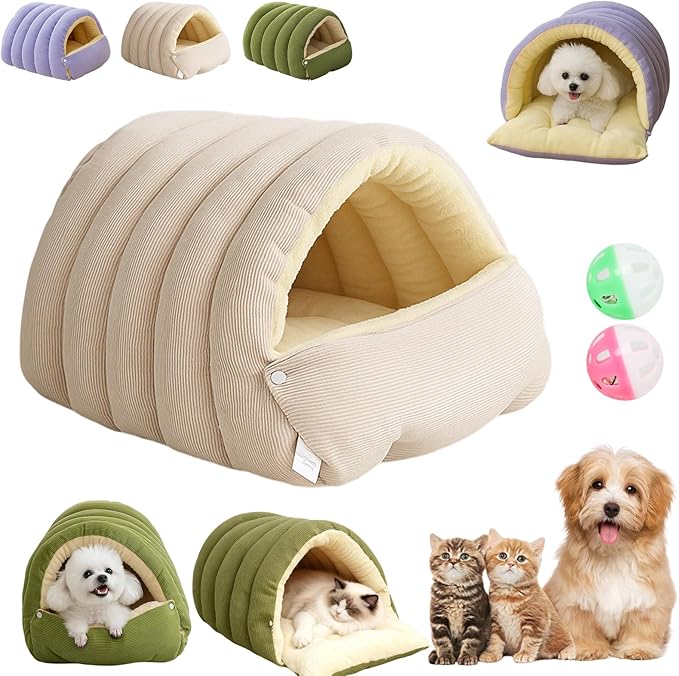 Expectation Cat Bed, Removable and Washable Winter Closed-Off Cat Bed, Soft Fluffy Warm Autumn/Winter Cats House, Washable Non-Slip Pet Sleeping Bag for Indoor Cats Small Dogs (Beige,Large)