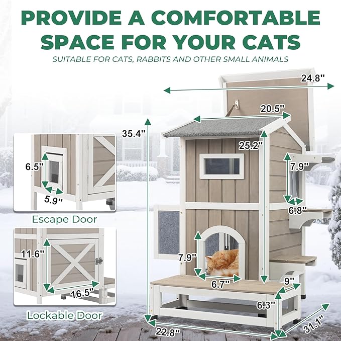 Insulated Cat House, Wood Two Story Outdoor Cat House Weatherproof with Cat Scratching Cloth, 4 Doors, Balcony, Jumping Platforms, Outside Clawsable Feral Cats Shelter for Small Animals, Grey