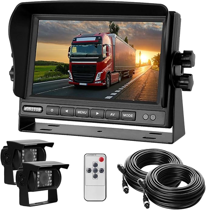 RV Backup Camera and Monitor Kit(12-24V) 7inch HD Monitor Reversing +2 Rear View Camera 170°Wide Angle,18IR Night Vision,Waterproof IP68，Dual Back up Camera for Truck/Trailer/Van/Camper/Vehicles.