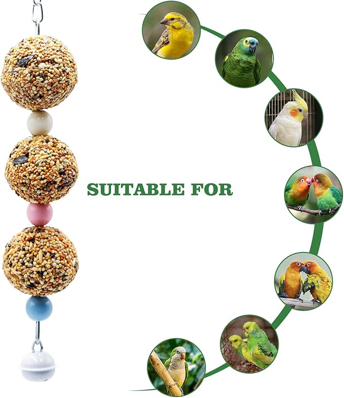 Bird Toys, 2 Pack Chew Toy with 3 Natural Cereal Foraging Balls for Cage, Parakeet Toys, Chew Toy Ball for Budgies, Cockatiels, Lovebirds, Green Cheeks, Small to Medium Birds