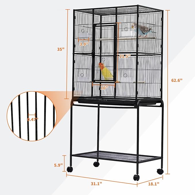 Large Bird Cage,62.6" H Big Bird Cage with Stand for Parakeets Parrots Conures Lovebird Cockatiel Black