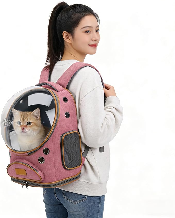 Cat Backpack Carrier, Breathable Cat Carrier Large Space Bubble Pet Backpack for Small Dog and Large cat up to 18lbs, Transparent & Foldable Pet Carrier for Travel Hiking (Pink)