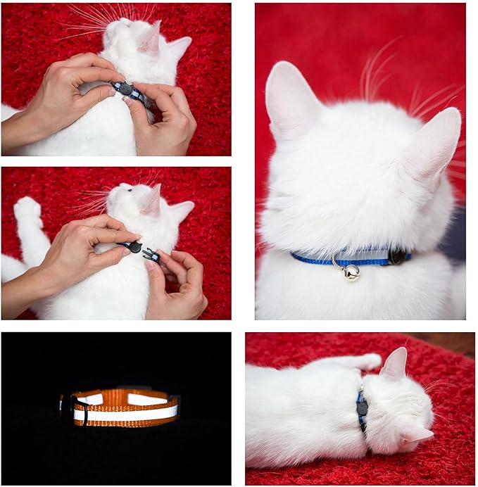 Reflective Cat Collar with Bell, Set of 6, Solid & Safe Collars for Cats, Nylon, Mixed Colors, Pet Collar, Breakaway Cat Collar Charms