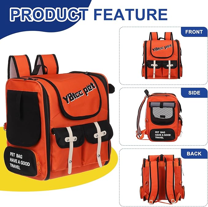 Pet Backpack Carrier, Portable and Ventilated, Oxford Cloth, Dogs Cats and Small Animals Travel Bag 13.39", (Orange, Red, Black, 1 Pcs), Intended for Hiking/Camping/Traveling