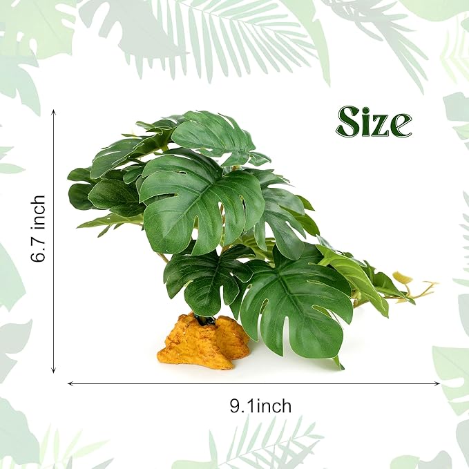 2Pcs Reptile Plants for Terrarium, Amphibian Habitat Decor Plant, Snake Tank Accessories, Artificial Plants for Gecko Lizard Chameleon Tortoise with Base - Fake Monstera