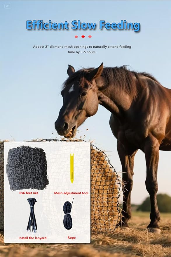 6 * 6ft Heavy Duty Slow Feeding Horse Hay Net - 1.75-inch knotless Design Saves 60% hay, 800 lbs Weatherproof Round Bale Feeder for Cattle/Goats/Sheep (6ft)