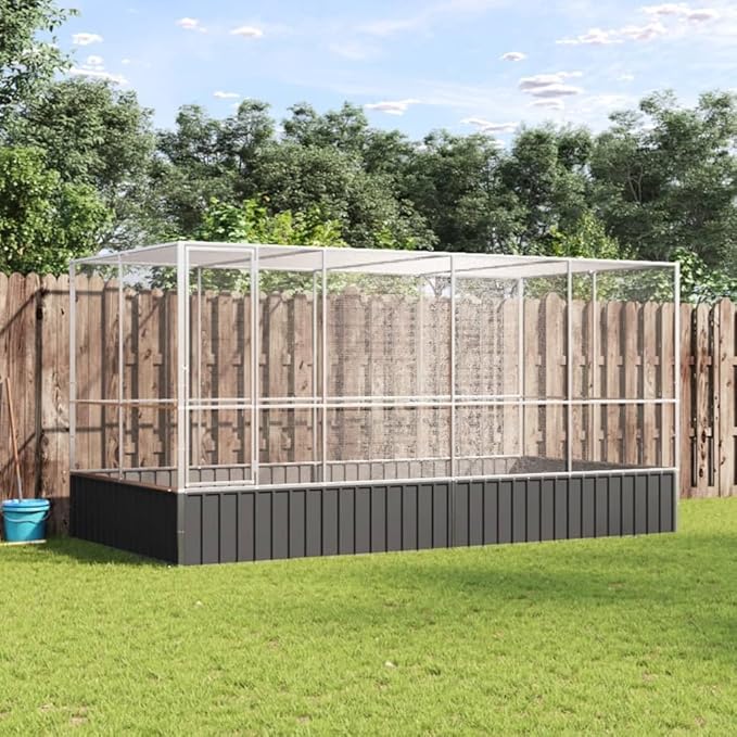 Large Metal Heavy Duty Walk-in Aviary Cage with Extension, Ample Activity Space Bird Cage with Lockable Door Also for Chickens and Rabbits, Silver 164.6"x81.5"x83.5" Steel,-412