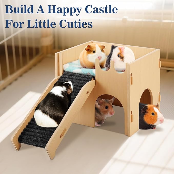 Pawaboo Guinea Pig and Hamster House, 2-in-1 Guinea Pig Hideout with Stairs and Cushion, Sturdy Wooden Hamster Castle Easy to Assemble, Detachable Small Animal House Bed Hut Habitats with Ramps