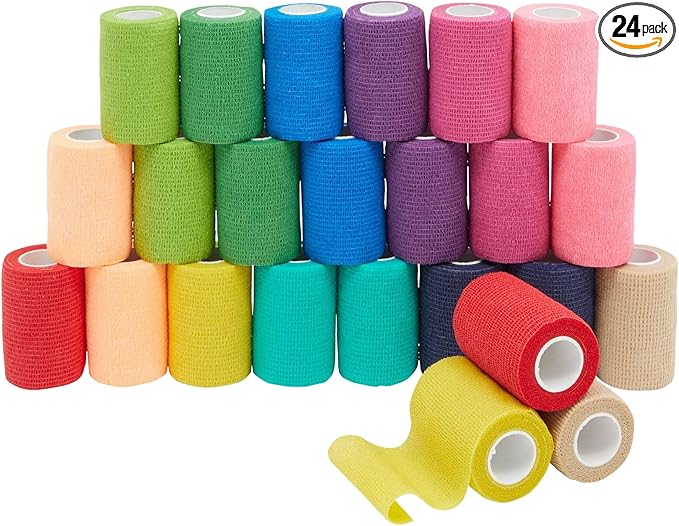 Juvale Cohesive Self-Adherent Bandage Wrap - Elastic Support for Sprains & Sports Tape - Vet Wrap for Horses & Dogs - Hand-Tearable Design & Grip Tape - 24 Rolls, 3 in x 5 yd, Multicolor