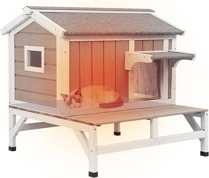 Small Insulated Cat House Weatherproof, Wooden Feral Cat House Outdoor with Cat Scratching Cloth, Balcony, Internal Dividers, Outside Indoor Cats Shelter with PVC Curtain Door, Openable Roof, Grey