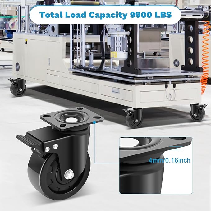 Nefish 5 Inch Heavy Duty Casters Set of 4, Industrial Grade Casters 9900 lbs, Low Gravity Plate Swivel Caster with Brake, Durable & Corrosion-Resistant Nylon Wheels for Industrial, Equipment, Machine