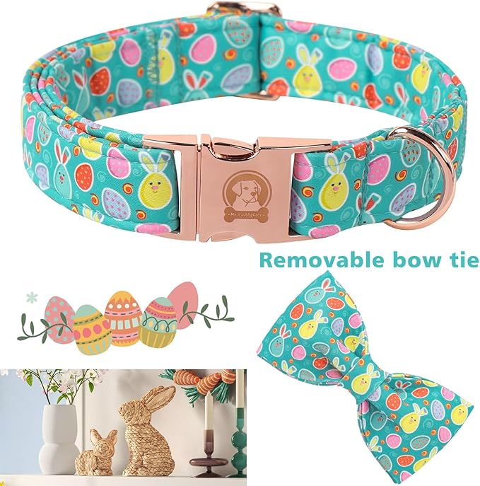 Easter Dog Collar with Bowtie, Eater Bunny Eggs Dog Collars, Soft Durable Adjustable Easter Puppy Pet Collar for Small Medium Large Dog Collar