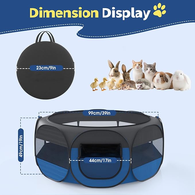 Small Animal Playpen, Chicken Brooder Box with Cover Top, Portable Outdoor Exercise Pet Cage Tent, Waterproof Breathable Pet playpen Indoor for Chick Ktiien Bunny Hamster Guinea Pig,Black+Blue