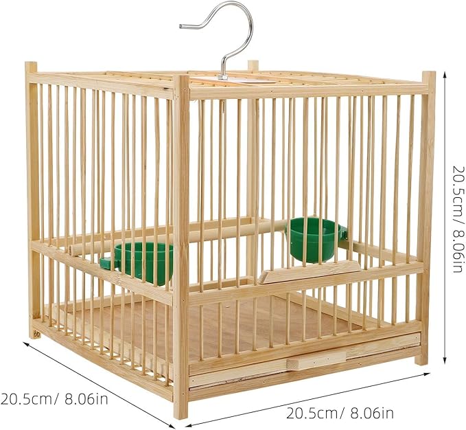 Kisangel 1set Bamboo Bird Cage Small Parrot Cage with Hanging Hook Tray for Retro Travel Budgie Lovebird Cockatiel Parrot,8.06 x 8.06 x 8.06 inches