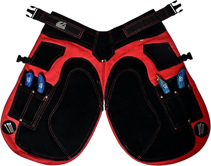 Equine Care Farrier Apron Chaps 2mm Cowhide Leather, 500 GSM Canvas, Air-Mesh, 25" Length, Adjustable Waist (28"-52"), Ergonomic Foam-Padded Thigh & Back Support, 4 Knife Pockets, 2 Nail Magnets.